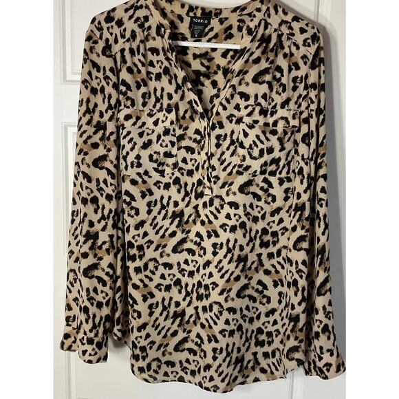 Torrid Georgette Leopard Print Long Sleeve Flap Pockets Blouse O - Picture 1 of 8